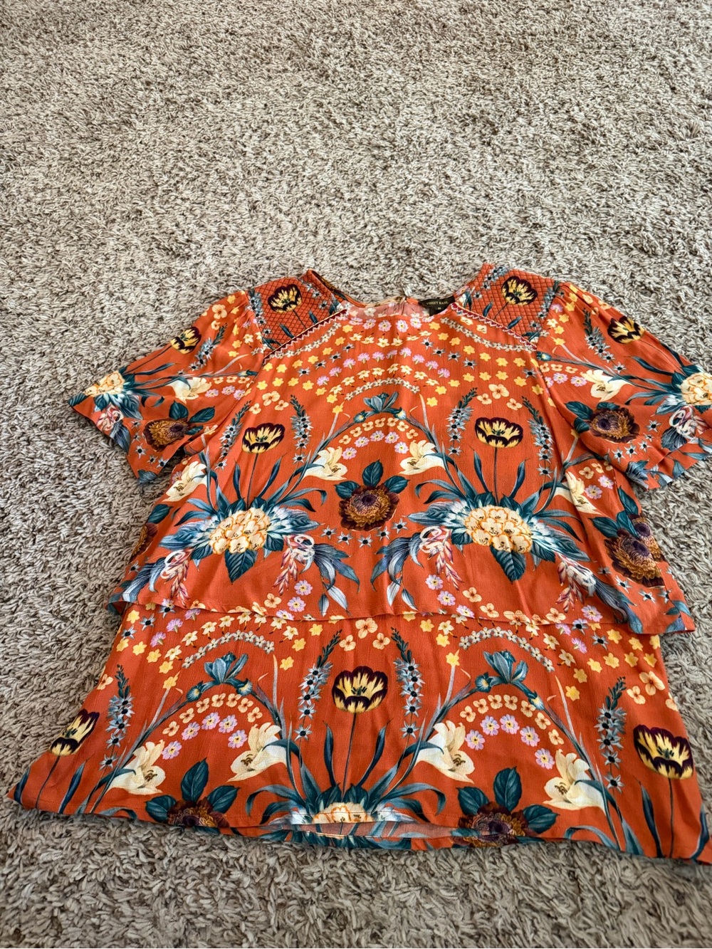 Anthropologie Orange Floral Tiered Smocked Blouse